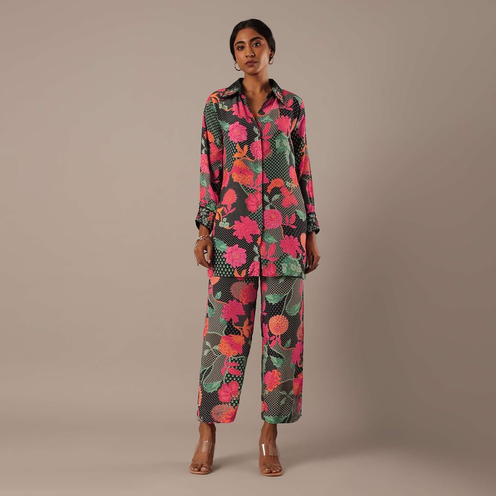 Black Floral Print Short Kurt Set With Sequin Work