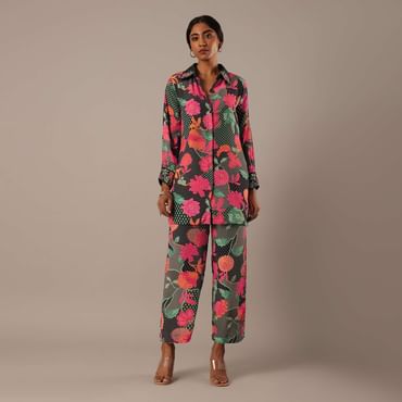 Black Floral Print Short Kurt Set With Sequin Work