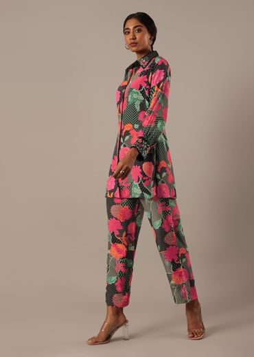 Black Floral Print Short Kurt Set With Sequin Work