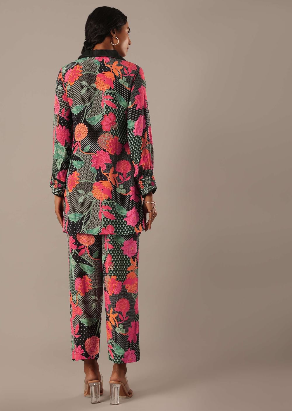 Black Floral Print Short Kurt Set With Sequin Work