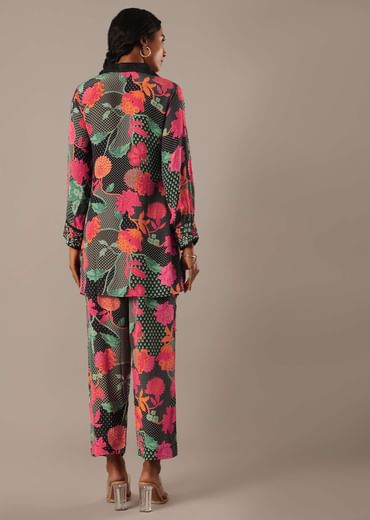 Black Floral Print Short Kurt Set With Sequin Work
