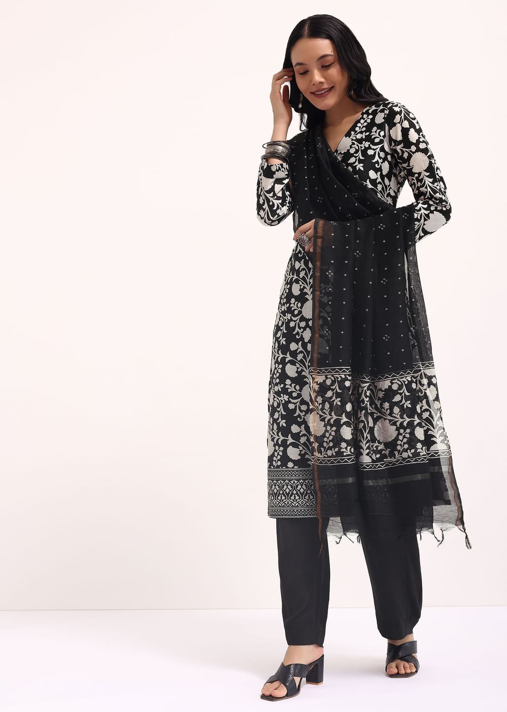 Black Floral Printed Chanderi Kurta Set With Bandhani Dupatta