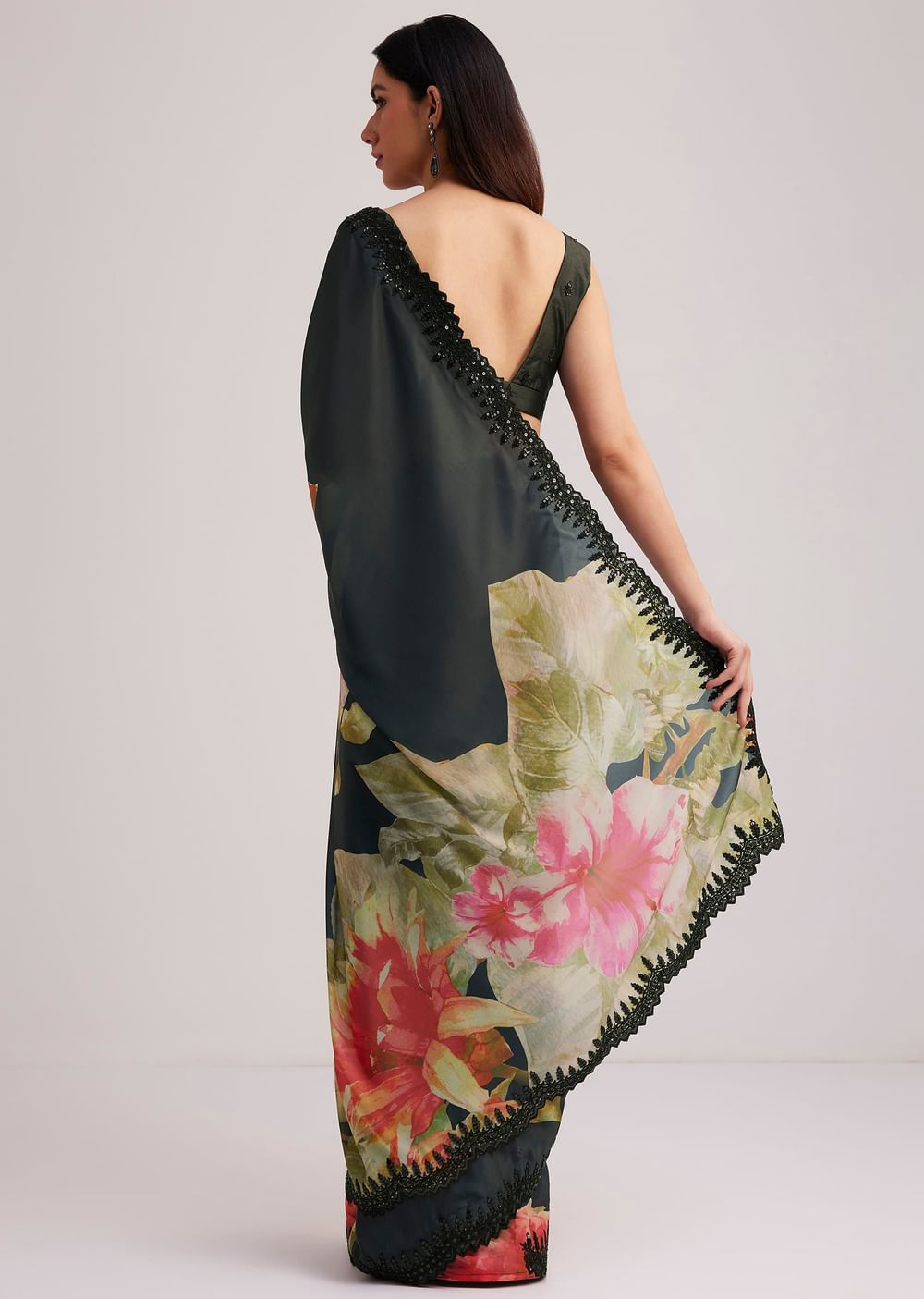 Black Floral Printed Satin Saree With Sequins Lace Border