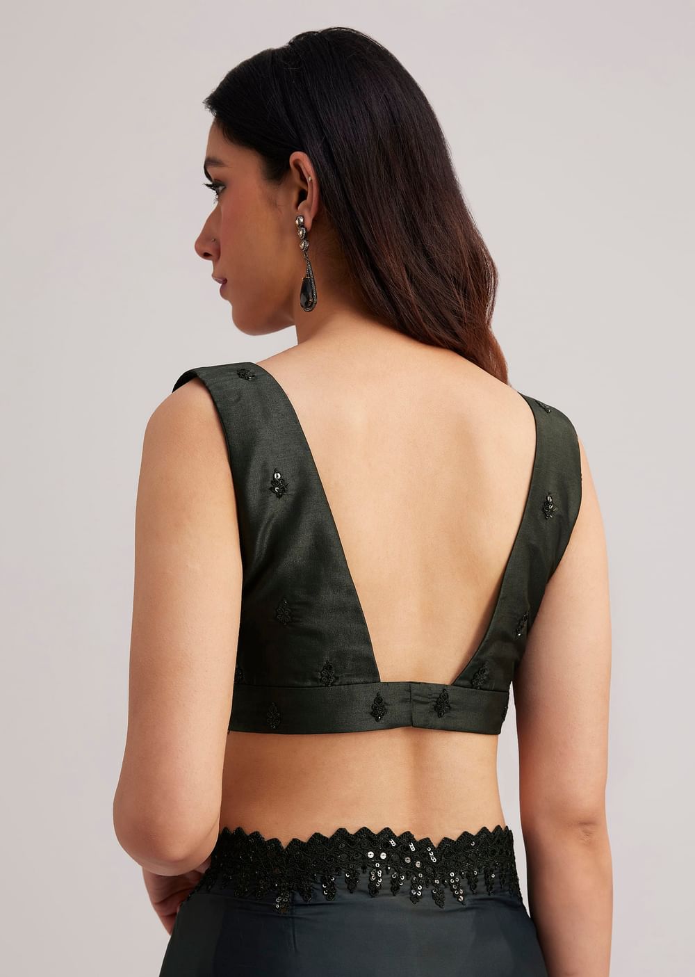 Black Floral Printed Satin Saree With Sequins Lace Border