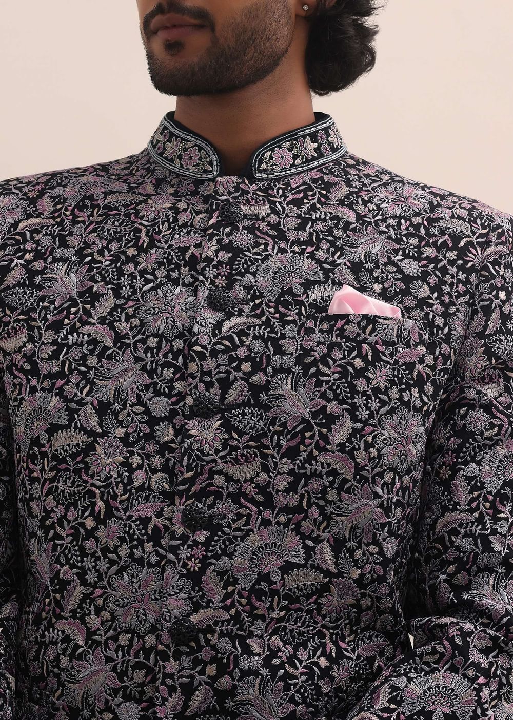 Black Floral Thread Embroidered Jodhpuri Suit For Men