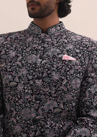 Black Floral Thread Embroidered Jodhpuri Suit For Men