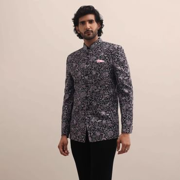 Black Floral Thread Embroidered Jodhpuri Suit For Men