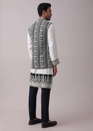 Black Four Piece Sherwani Set With Threadwork And Sequins Embroidery