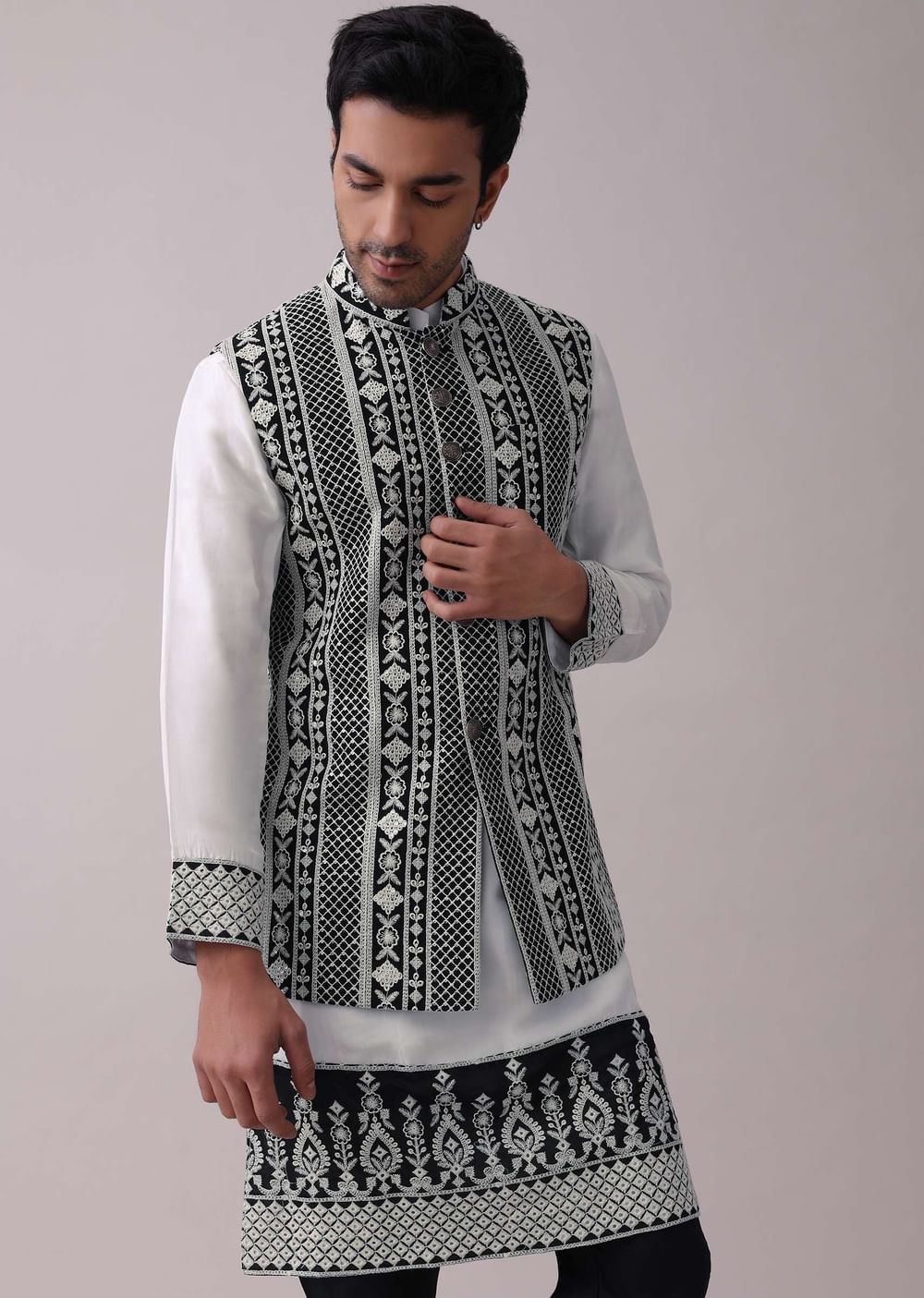 Black Four Piece Sherwani Set With Threadwork And Sequins Embroidery