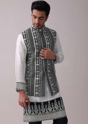 Black Four Piece Sherwani Set With Threadwork And Sequins Embroidery