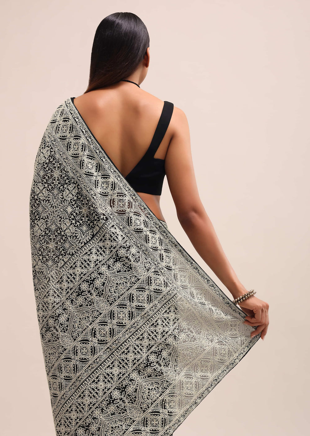 Black Georgette Chikankari Embroidered Saree With Unstitched Blouse