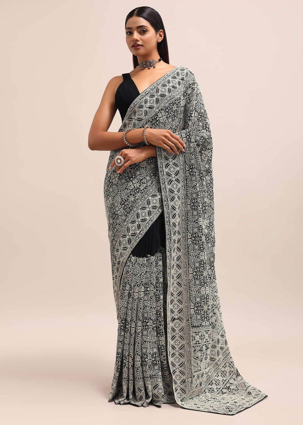 Black Georgette Chikankari Embroidered Saree With Unstitched Blouse