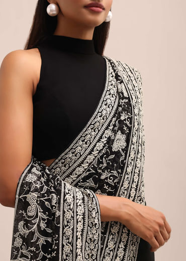 Black Georgette Chikankari Saree With Jaal Work And Unstitched Blouse