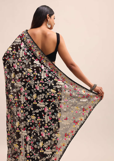 Black Georgette Parsi Gara Multi Color Saree With Unstitched Blouse