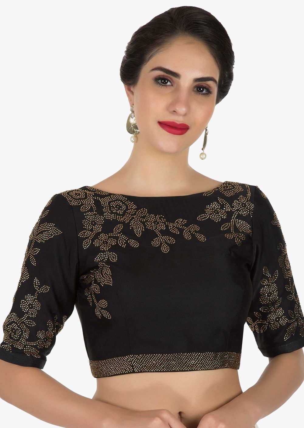 Black georgette saree adorn in kundan embroidery work only on Kalki