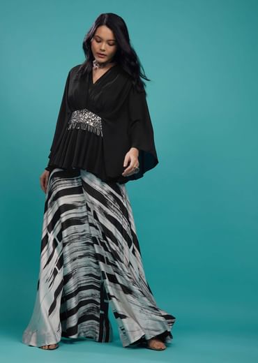 Black Georgette Top With White And Black Striped Palazzo In Satin
