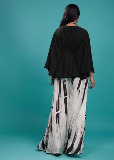 Black Georgette Top With White And Black Striped Palazzo In Satin
