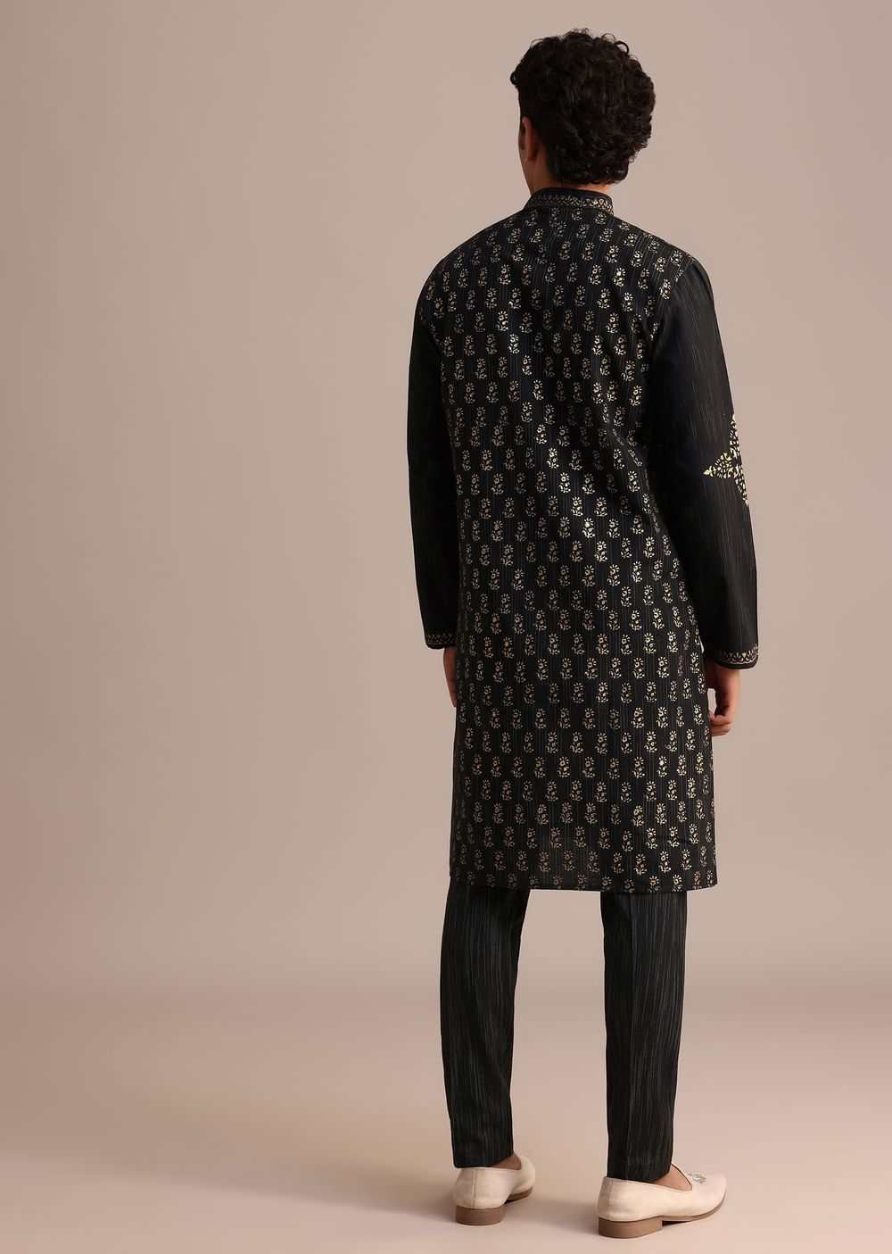 Black Hand Block Printed Foil Work Kurta Set