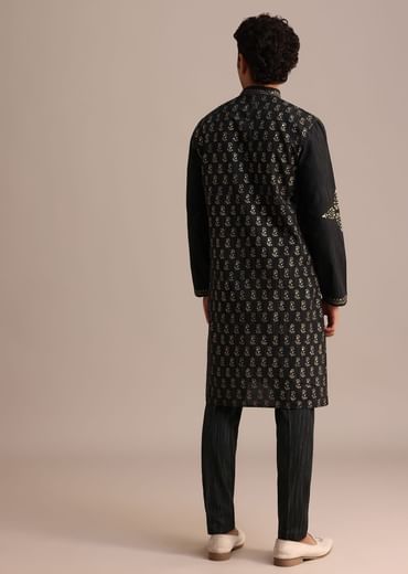 Black Hand Block Printed Foil Work Kurta Set
