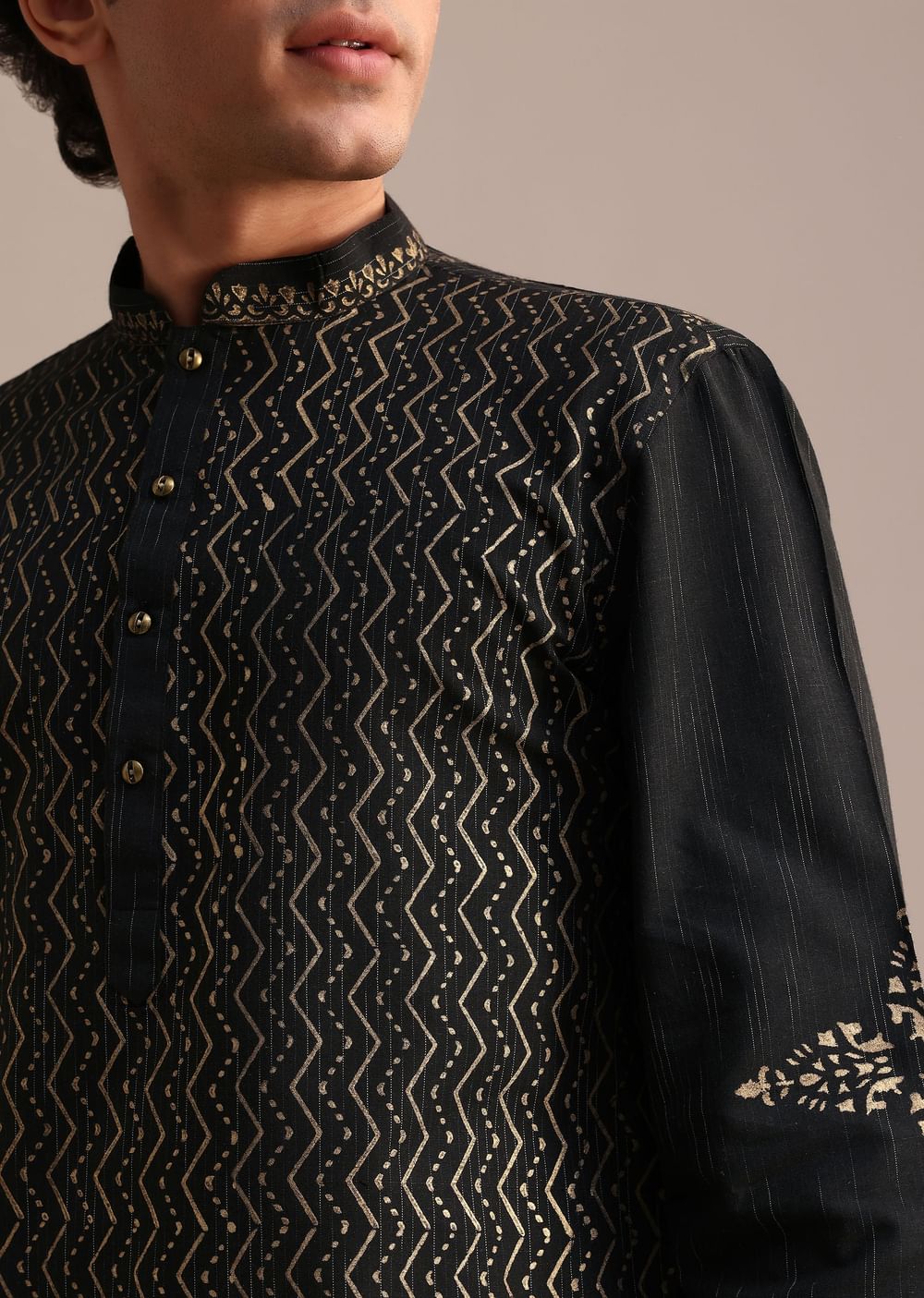 Black Hand Block Printed Foil Work Kurta Set