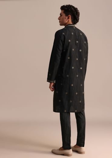 Black Hand Block Printed Kurta Set With Foil Work