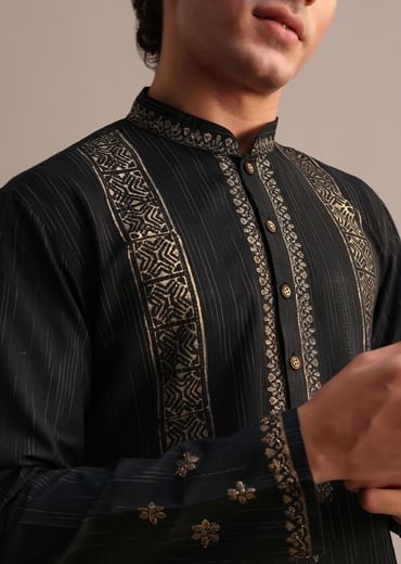 Black Hand Block Printed Kurta Set With Foil Work