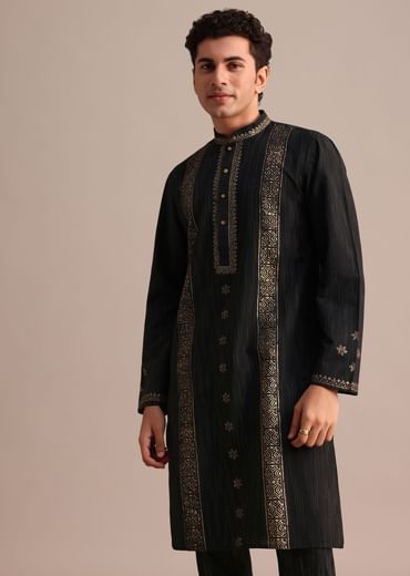 Black Hand Block Printed Kurta Set With Foil Work