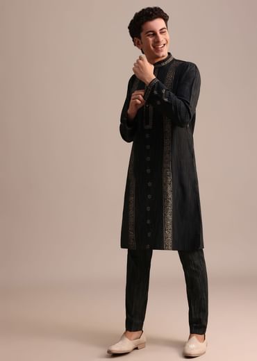 Black Hand Block Printed Kurta Set With Foil Work