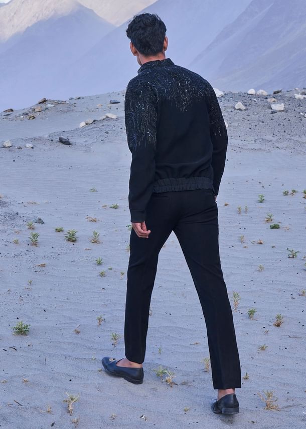 Black Hand Embroidered Full Sleeve Bomber Jacket And Pants