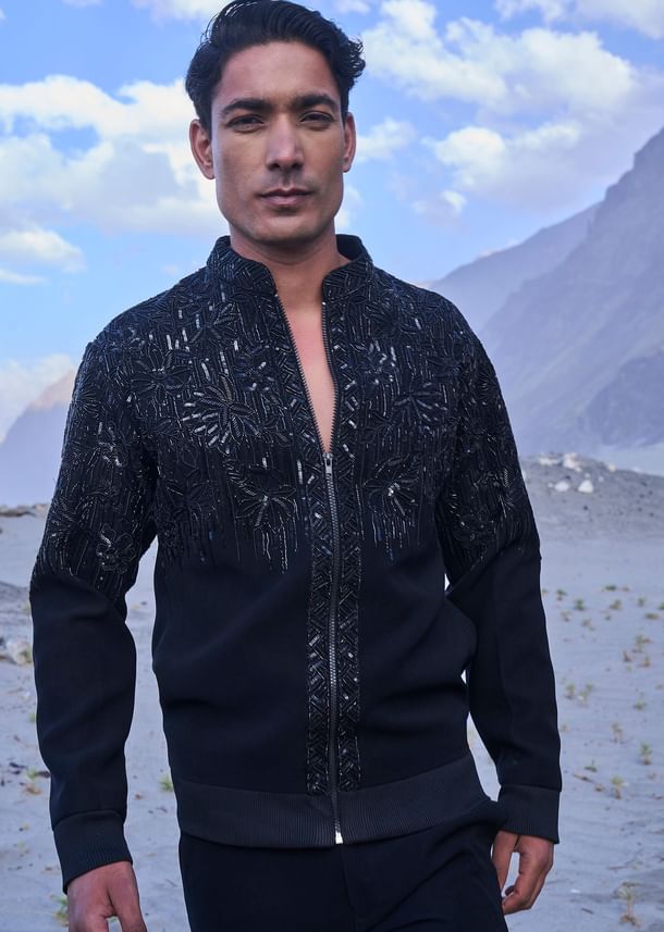 Black Hand Embroidered Full Sleeve Bomber Jacket And Pants