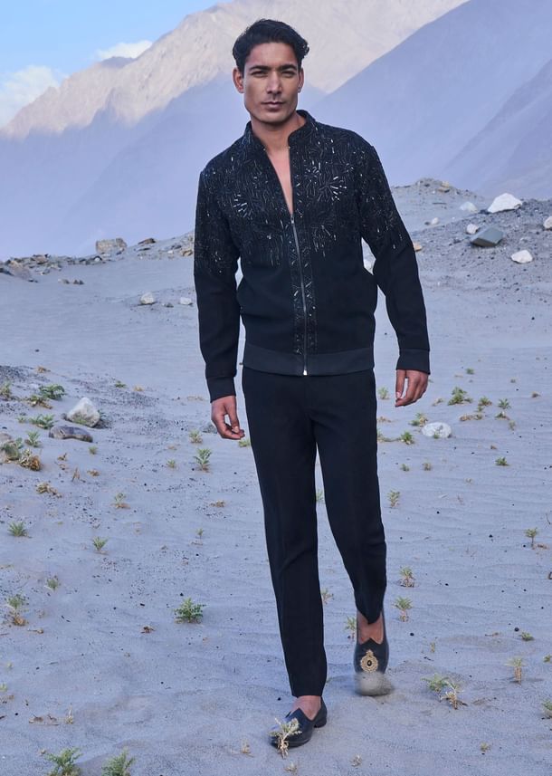 Black Hand Embroidered Full Sleeve Bomber Jacket And Pants