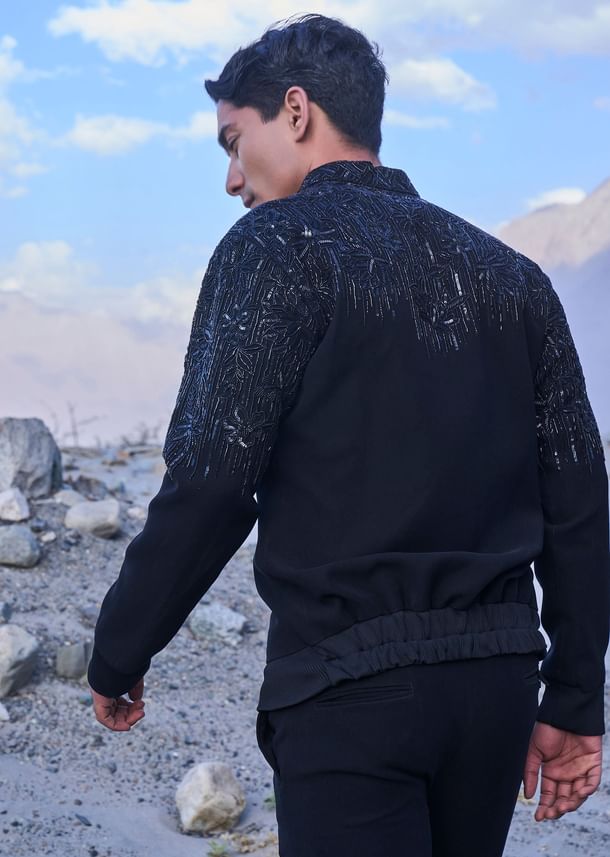 Black Hand Embroidered Full Sleeve Bomber Jacket And Pants