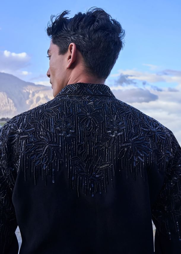 Black Hand Embroidered Full Sleeve Bomber Jacket And Pants