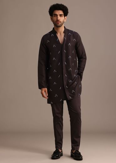 Black Hand Embroidered Indo Western Set in Silk Blend
