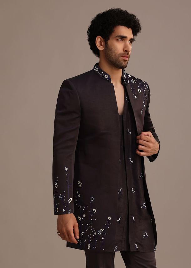 Black Hand Embroidered Indo Western Set in Silk Blend