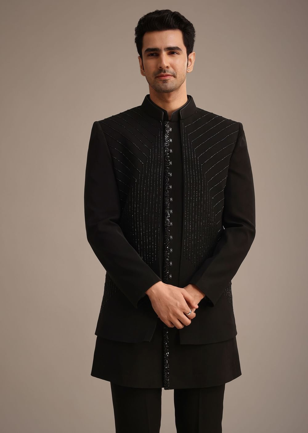 Black Hand Embroidered Indowestern And Kurta Set