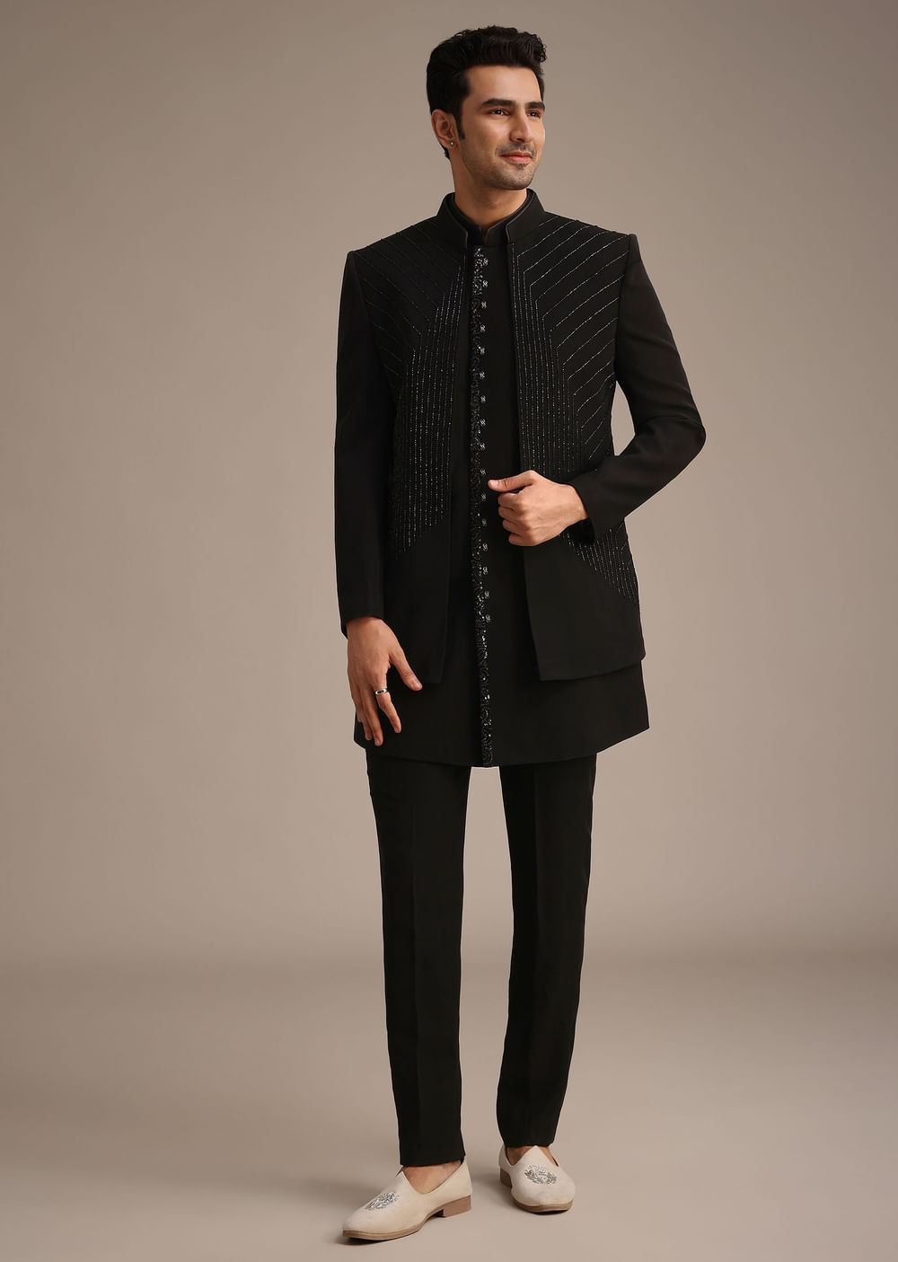 Black Hand Embroidered Indowestern And Kurta Set