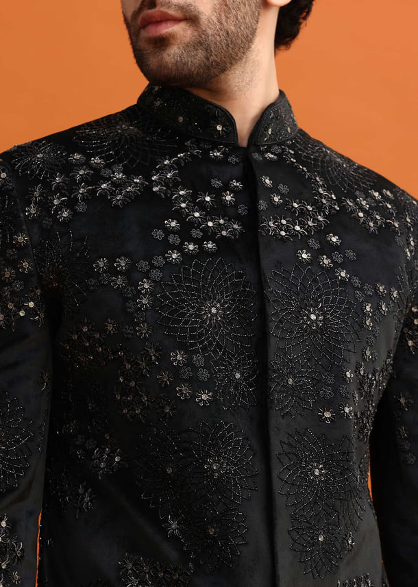 Black Hand Embroidered Velvet Indowestern Set For Men