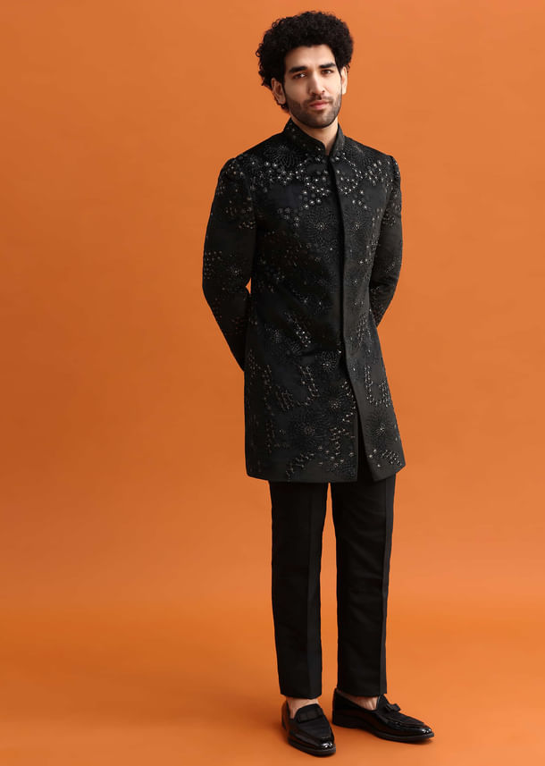 Black Hand Embroidered Velvet Indowestern Set For Men