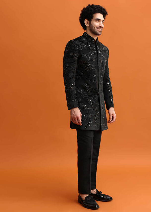 Black Hand Embroidered Velvet Indowestern Set For Men