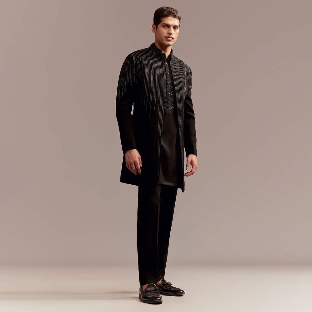 Black Indo Western Kurta Set For Men With Resham And Bead Embroidery