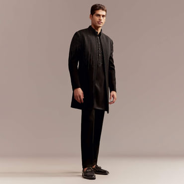 Black Indo Western Kurta Set For Men With Resham And Bead Embroidery