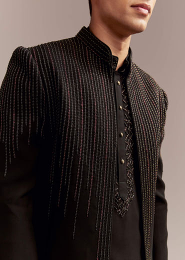 Black Indo Western Kurta Set For Men With Resham And Bead Embroidery
