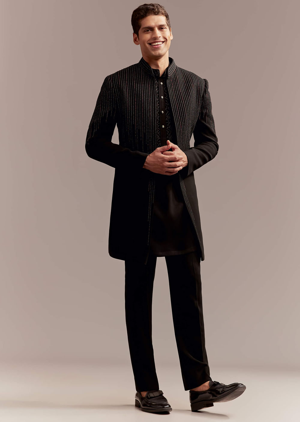 Black Indo Western Kurta Set For Men With Resham And Bead Embroidery