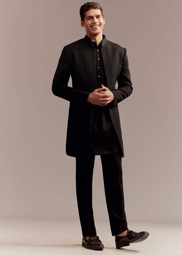 Black Indo Western Kurta Set For Men With Resham And Bead Embroidery