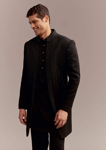 Black Indo Western Kurta Set For Men With Resham And Bead Embroidery