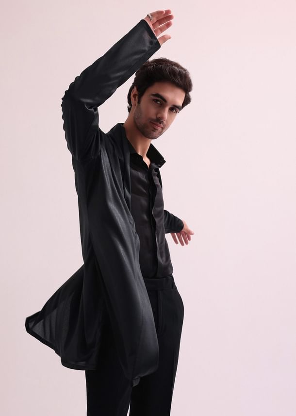 Black Indo Western Lapel Jacket With Shirt And Pant