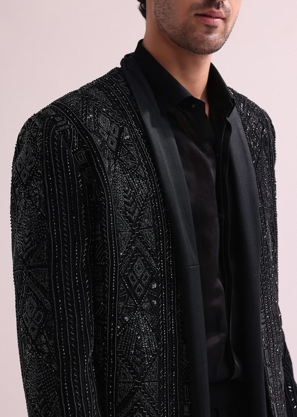 Black Indo Western Lapel Jacket With Shirt And Pant