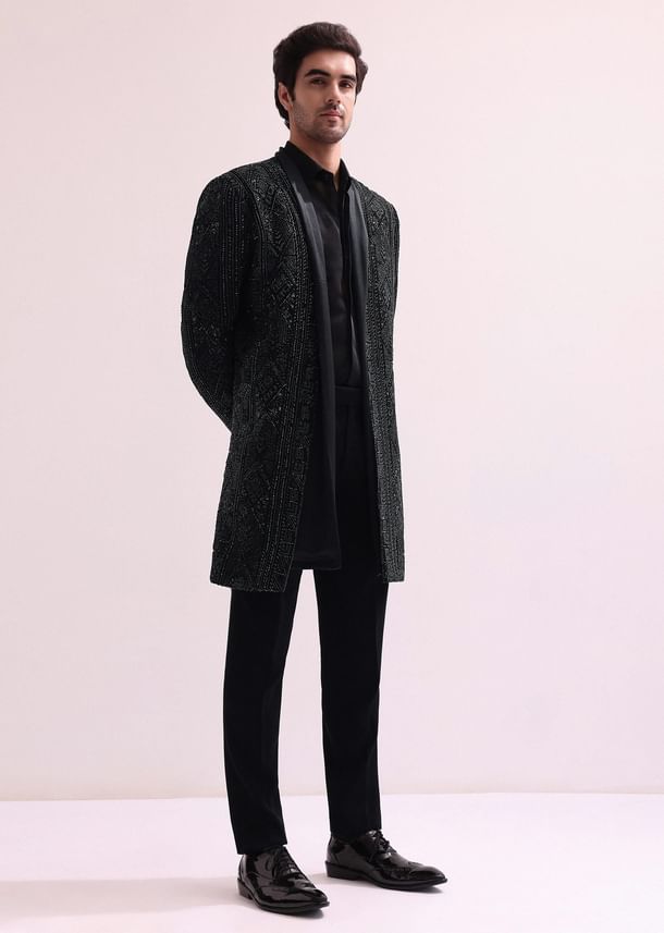 Black Indo Western Lapel Jacket With Shirt And Pant