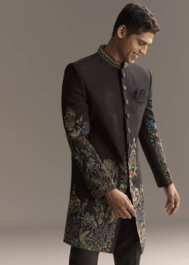 Black Indo Western Set For Men With Heavy Hand Embroidery